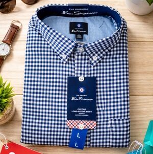 Ben Sherman Blue and White Checkered Casual Button Down L Shirt